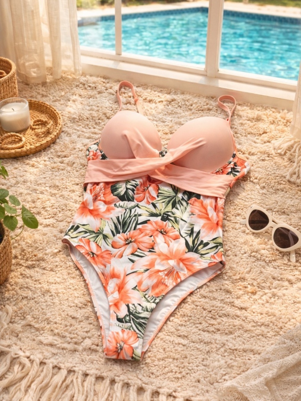 SHEIN Tropical Floral One Piece Swimsuit Pink Orange Tie Front Cutout Size Large